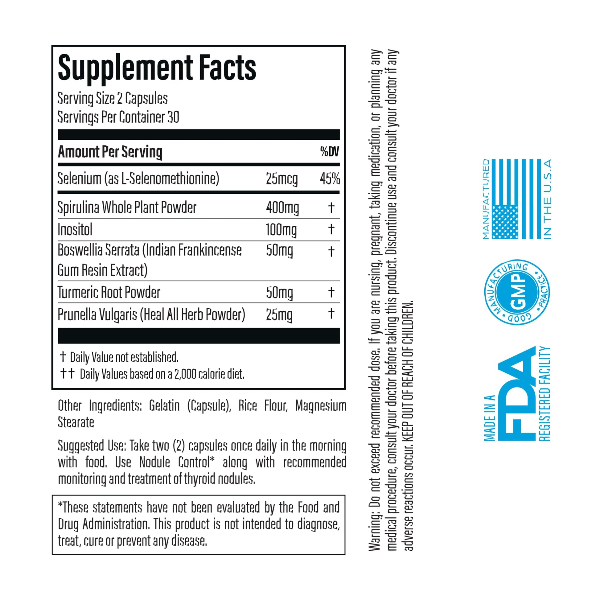 Iodine free thyroid support capsules with Boswellia and Turmeric for benign nodule management.