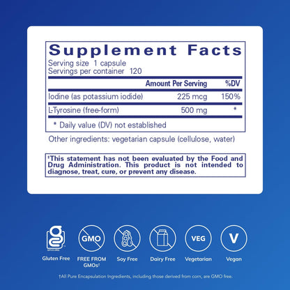 Pure Encapsulations thyroid supplement bottle showcasing supplement facts and clean ingredients panel