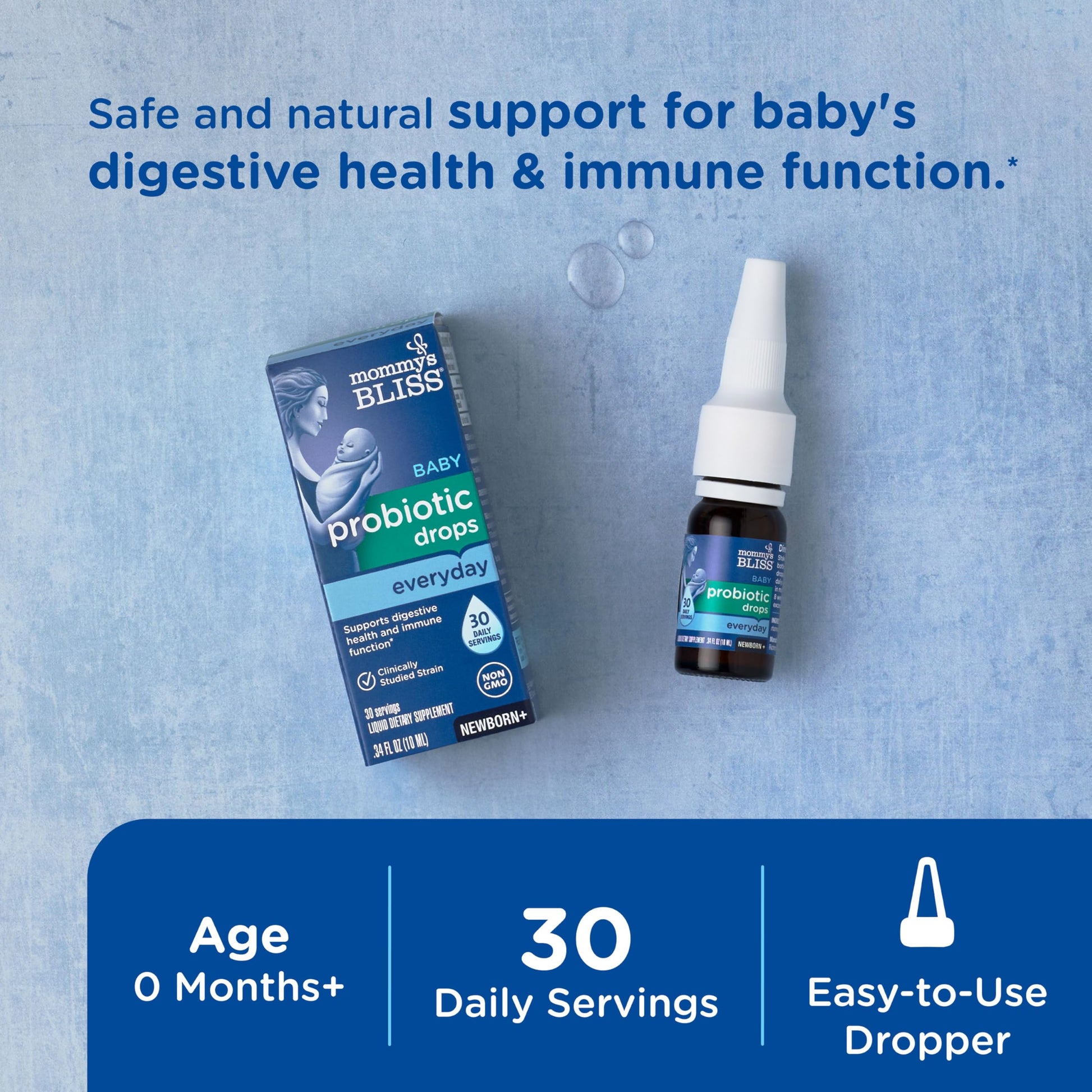 Liquid probiotic drops for newborns by Mommy's Bliss showing the dropper bottle.
