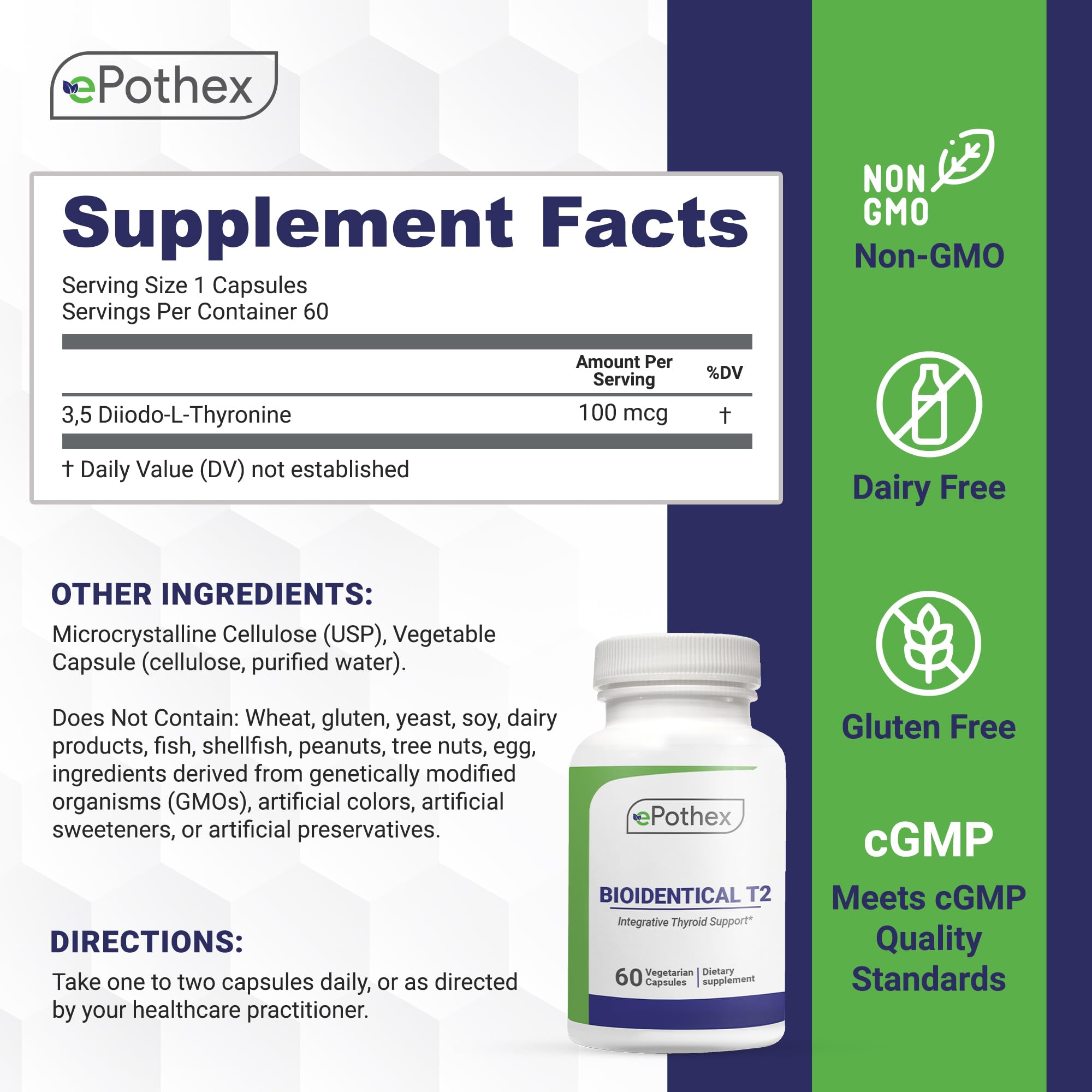 EPOTHEX Bioidentical T2 60 capsules supplement facts and ingredient label