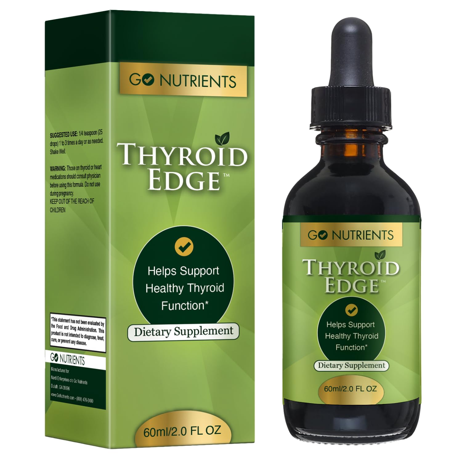 Go Nutrients Thyroid support drops packaging detailing 2 ounce bottle features