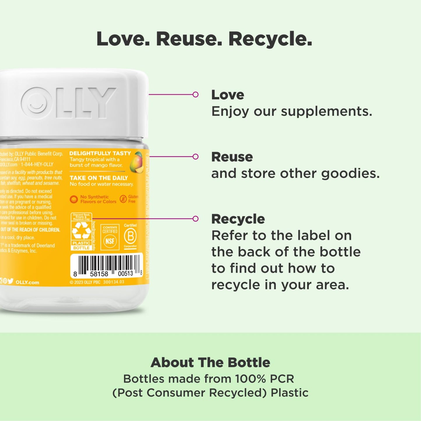 Close up view of two OLLY probiotic chewable gummies showcasing the texture and shape