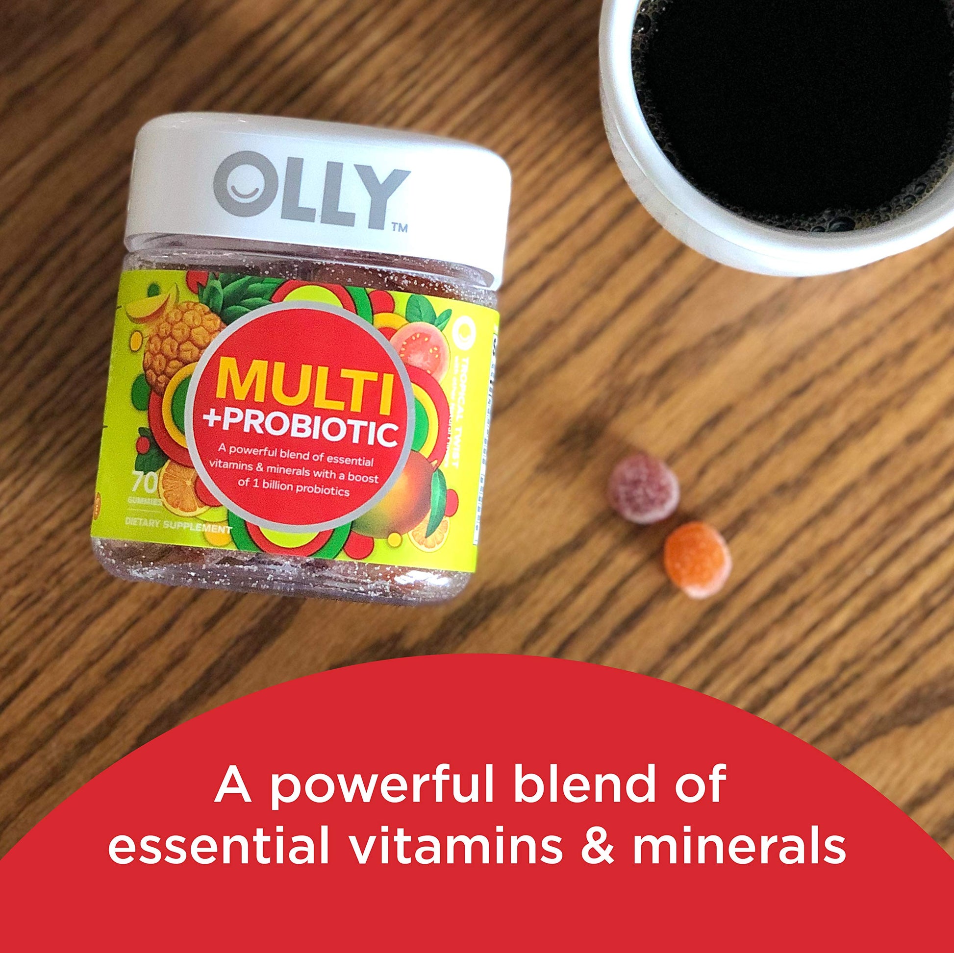 OLLY daily multi plus probiotic 70 count bottle showing nutritional facts and comprehensive ingredients list.