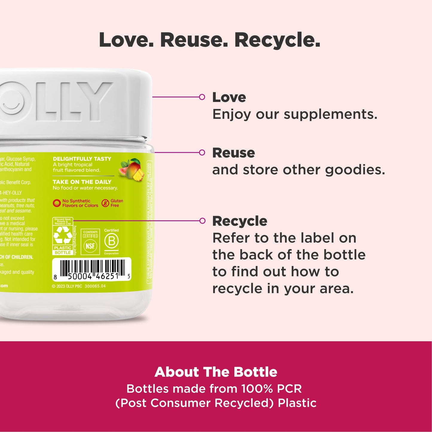 OLLY multi tasking daily wellness formula bottle displaying the one billion colony forming units probiotic benefit.