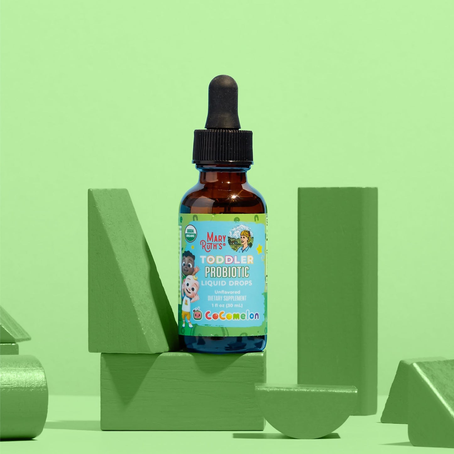 Toddler probiotic liquid drops by MaryRuth Organics displayed on a clean surface