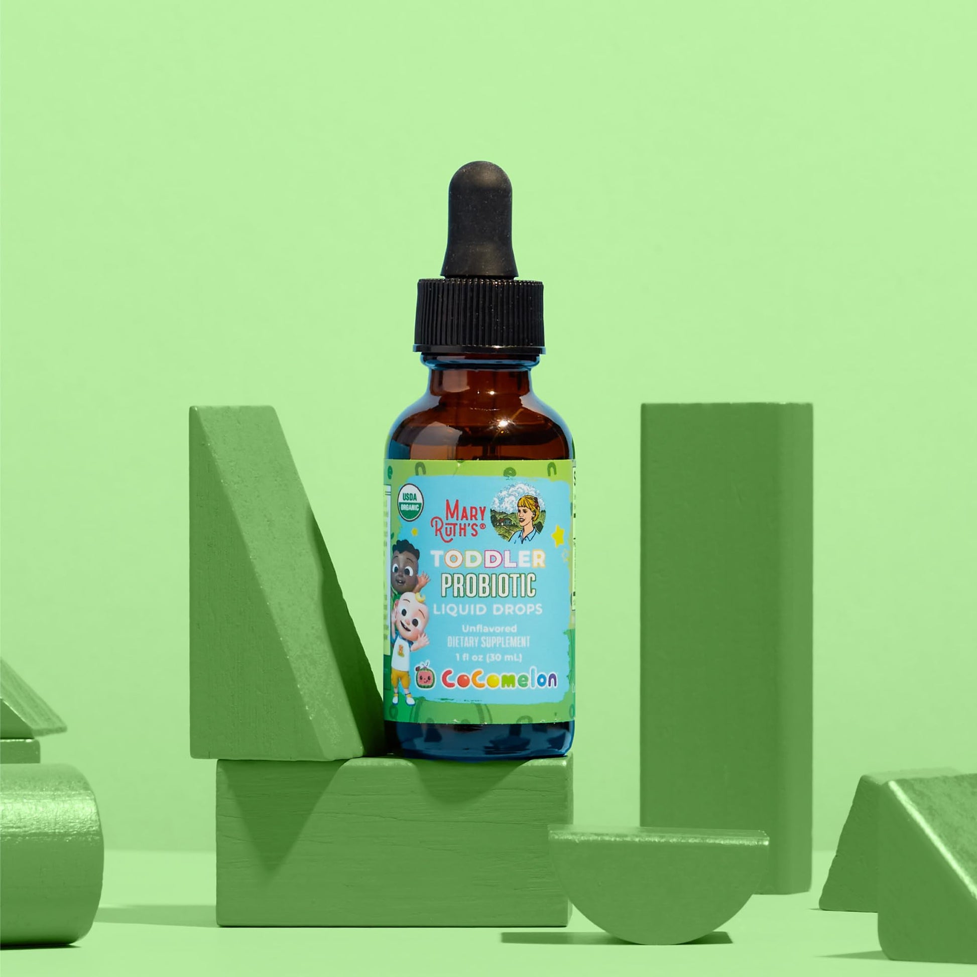 Toddler probiotic liquid drops by MaryRuth Organics displayed on a clean surface