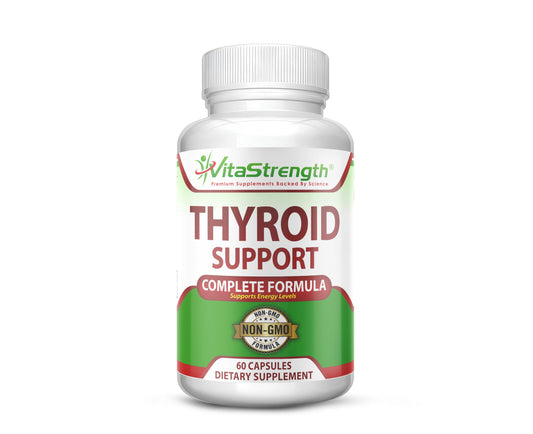 VitaStrength Thyroid Support sixty capsules packaging displaying product ingredients and facts.