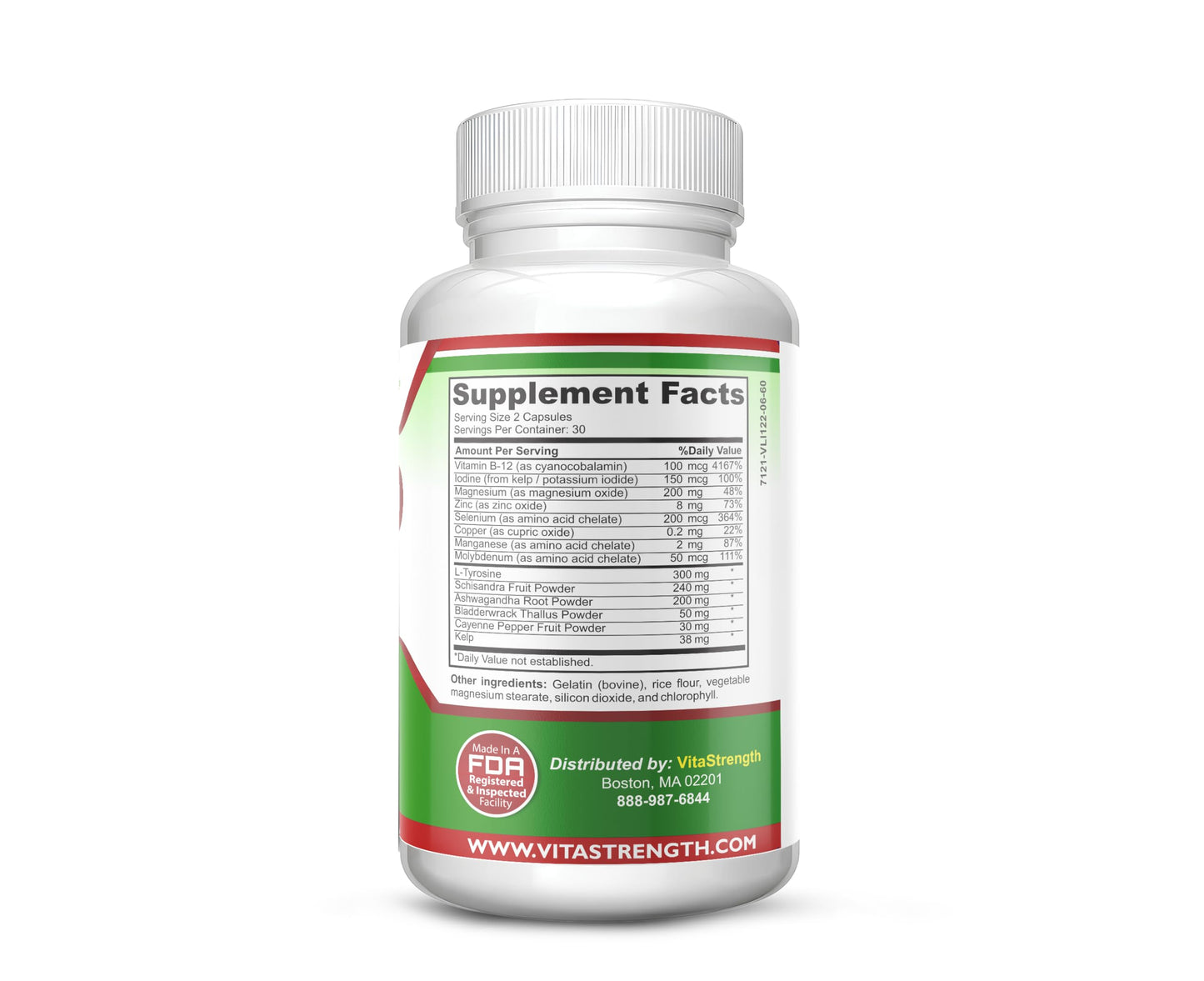 VitaStrength Thyroid Support metabolism booster bottle showcasing USA origin certification.