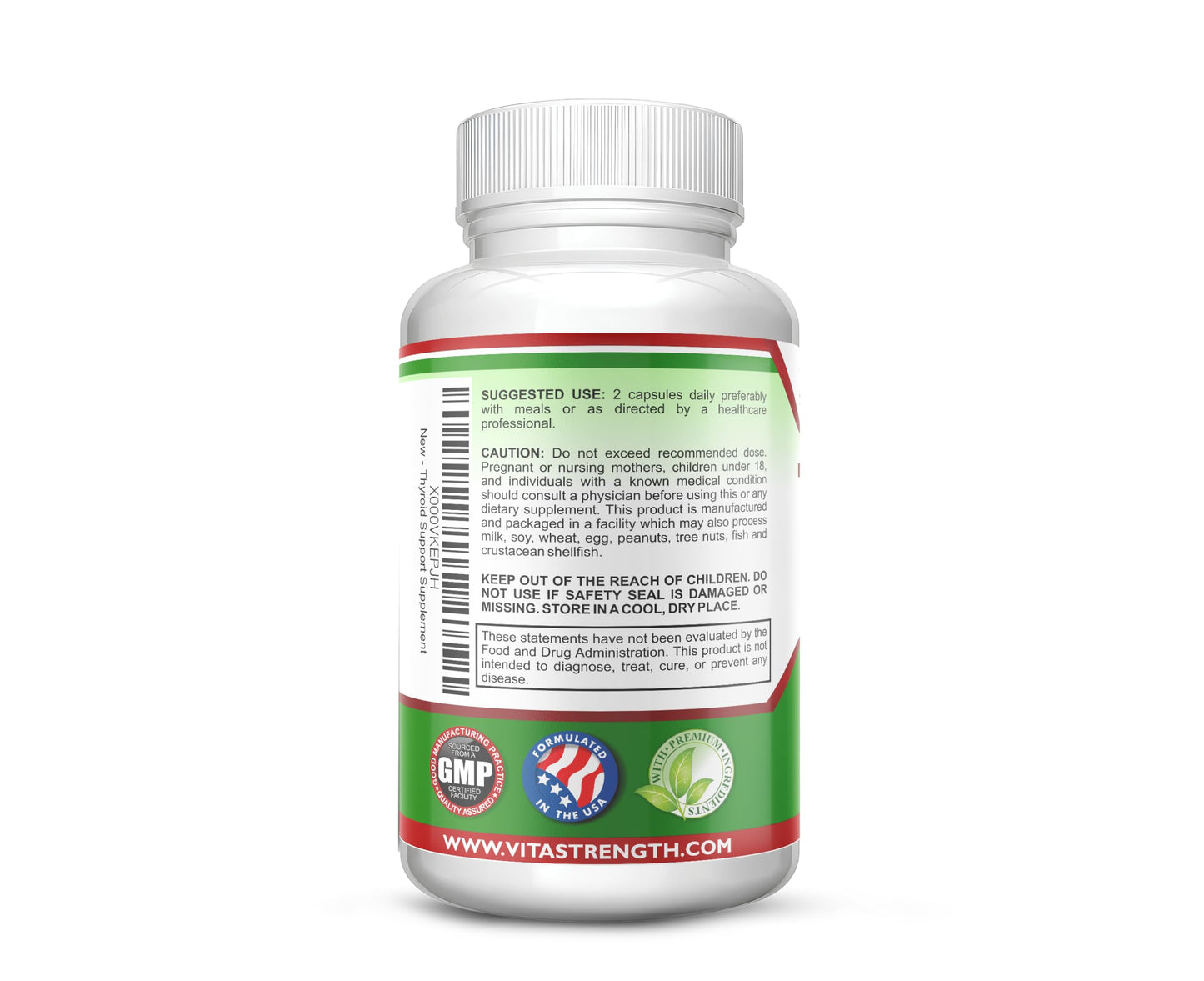 VitaStrength Thyroid Support non-GMO herbal blend label details for health management.