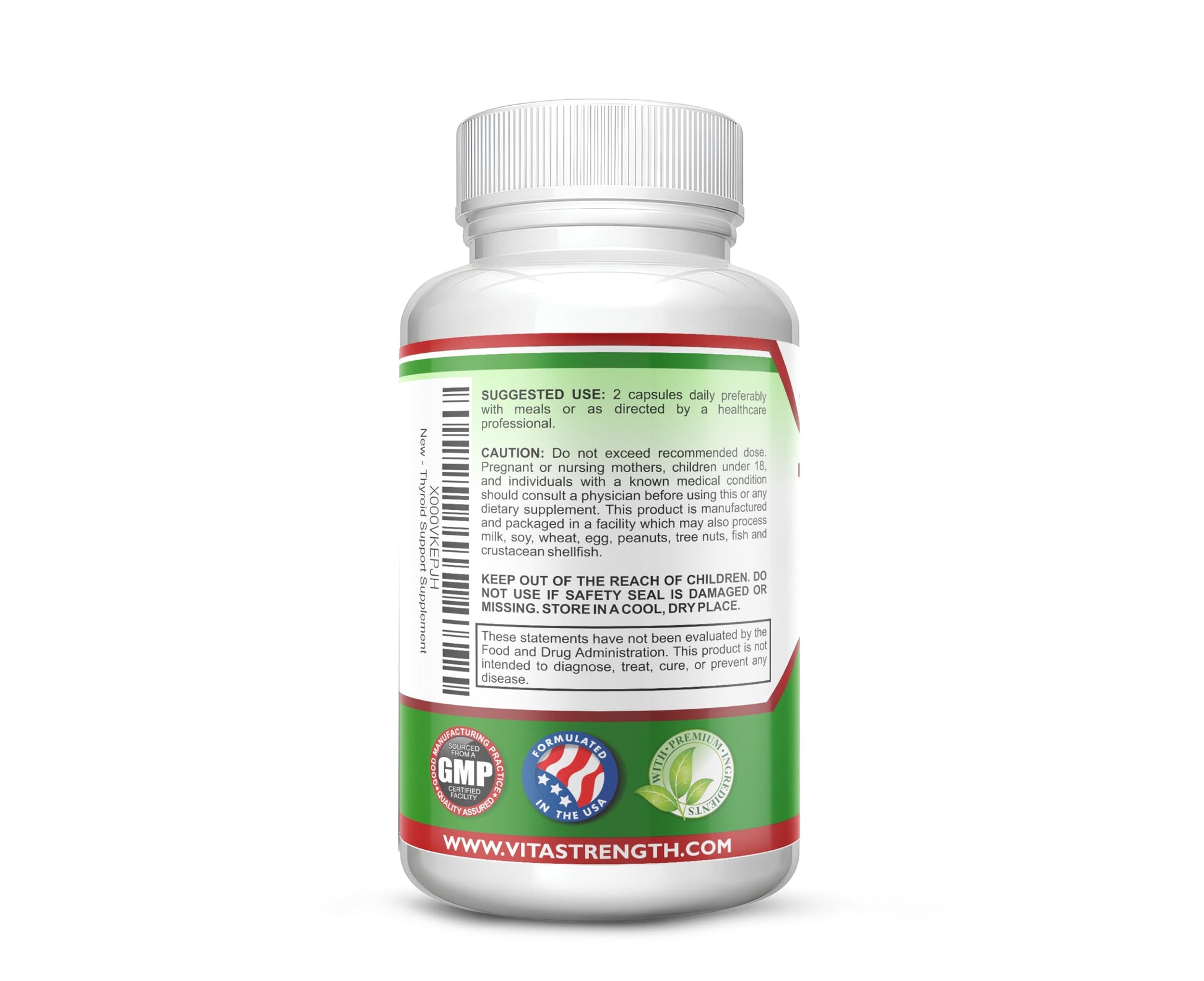 VitaStrength Thyroid Support non-GMO herbal blend label details for health management.
