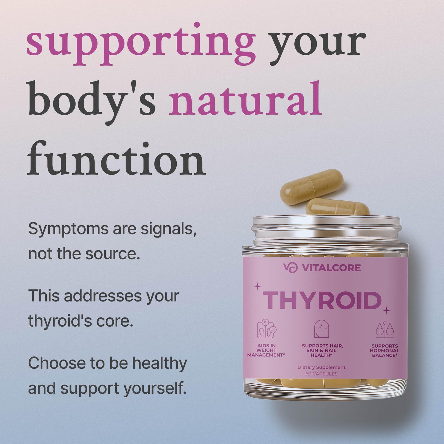 Vital Core daily wellness supplement bottle showcasing grass-fed New Zealand beef ingredients.
