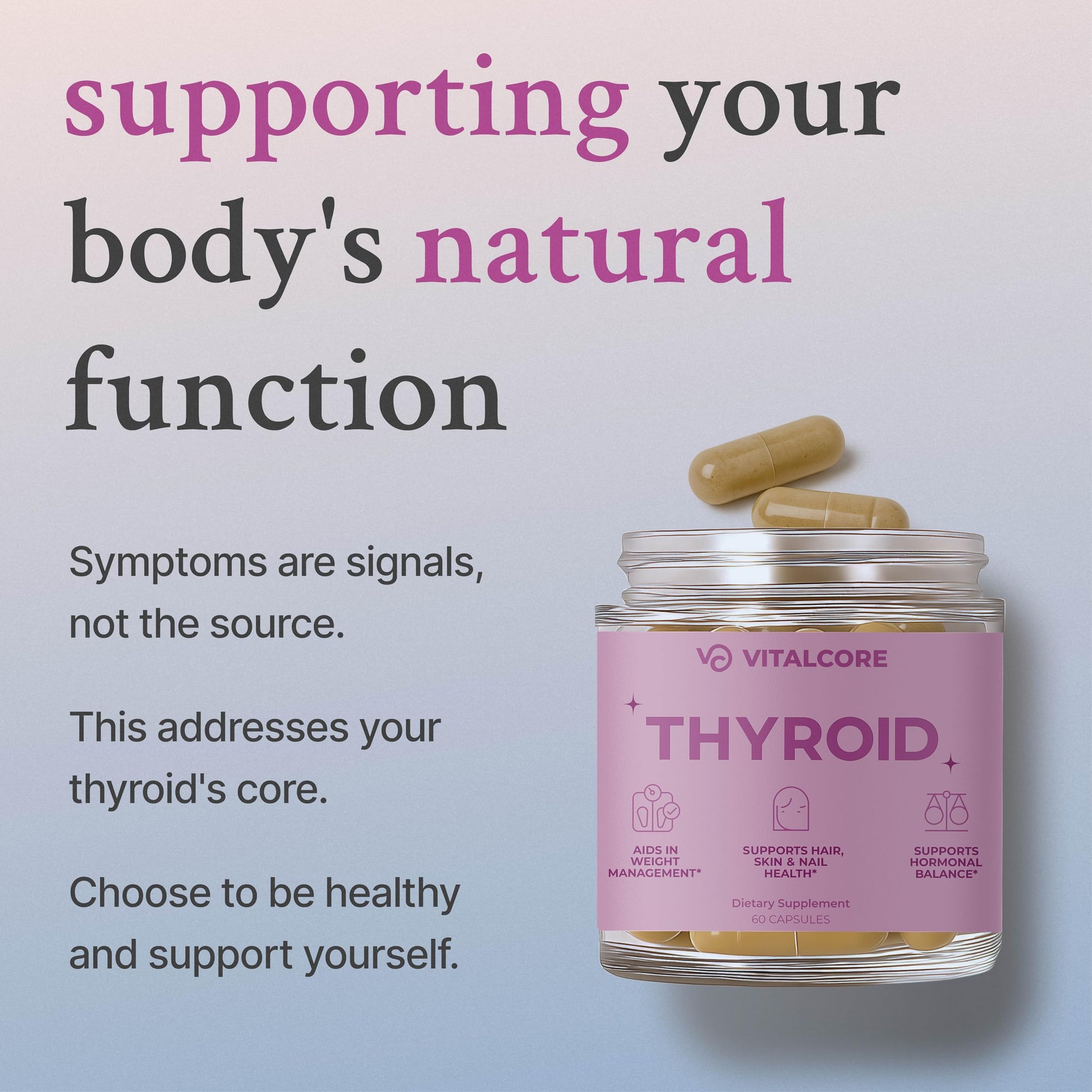 Vital Core daily wellness supplement bottle showcasing grass-fed New Zealand beef ingredients.