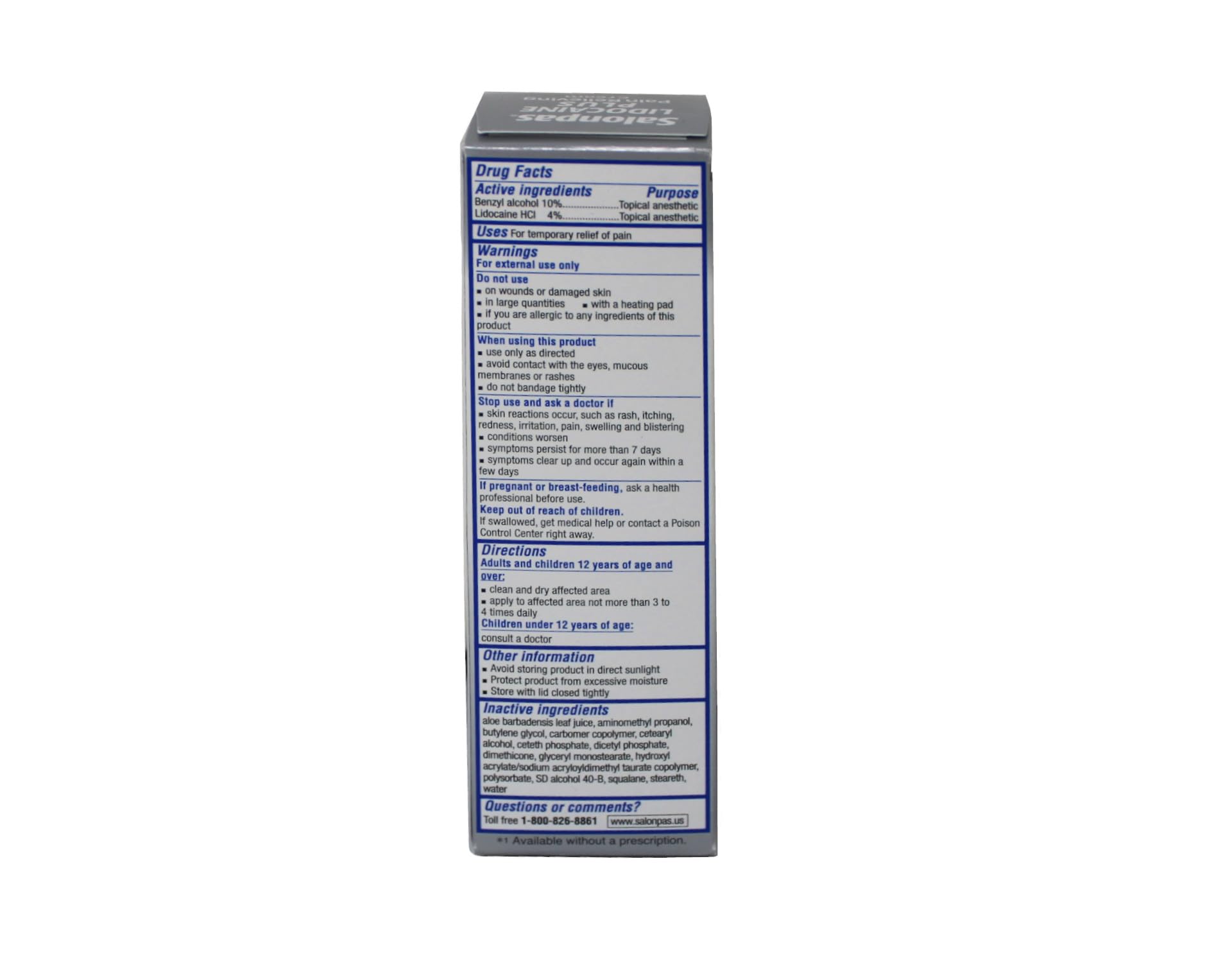 Back label of Salonpas Lidocaine Plus Pain Relieving Cream