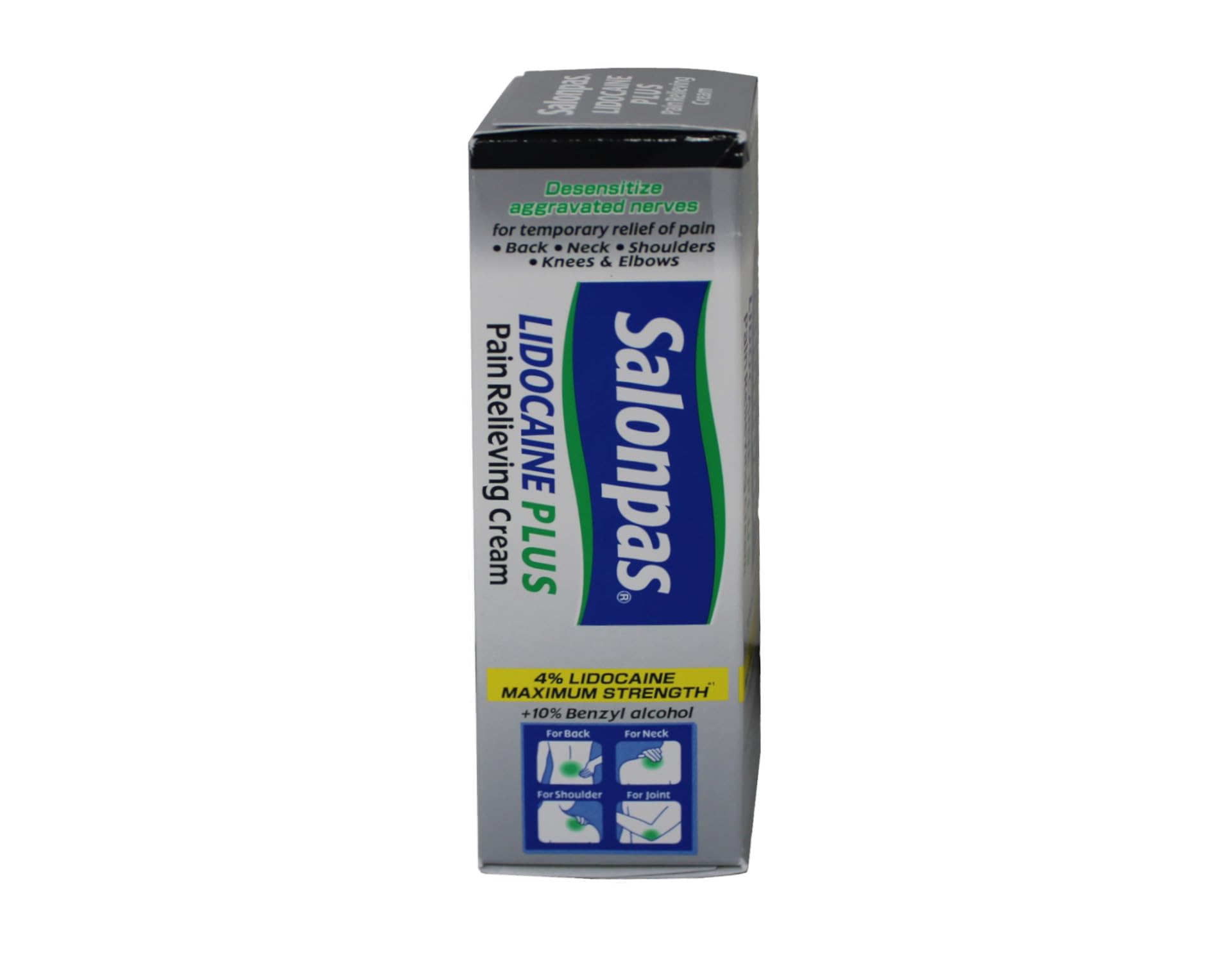 Close up of Salonpas Lidocaine Plus Cream tube branding