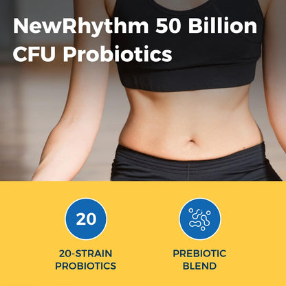 Back label of NewRhythm stomach acid resistant capsules highlighting the non GMO and gluten free certifications