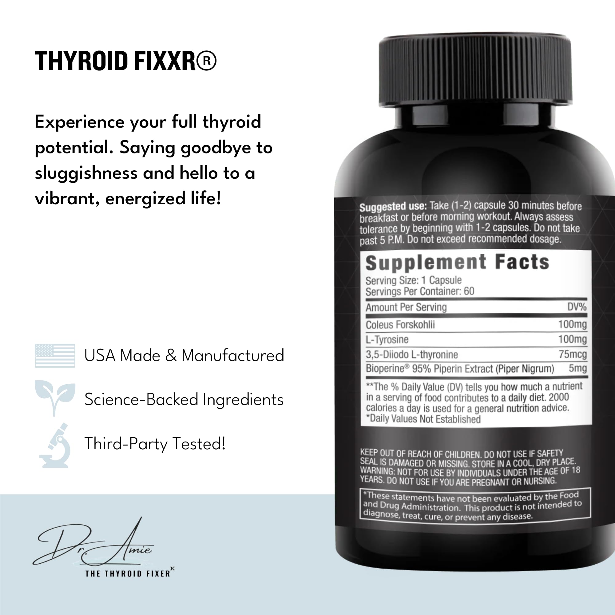 Dr Amie Thyroid Fixxr 60 capsules packaging showing ingredients and dietary notes