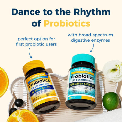 Authentic USA imported NewRhythm probiotics bottle standing upright on a clean retail display background
