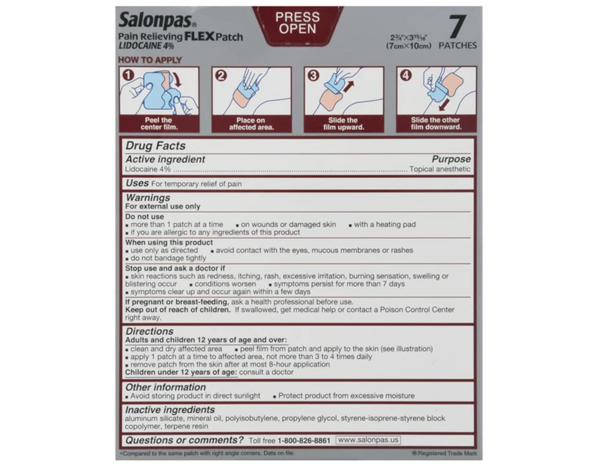 Salonpas pain relief patch packaging details and ingredients