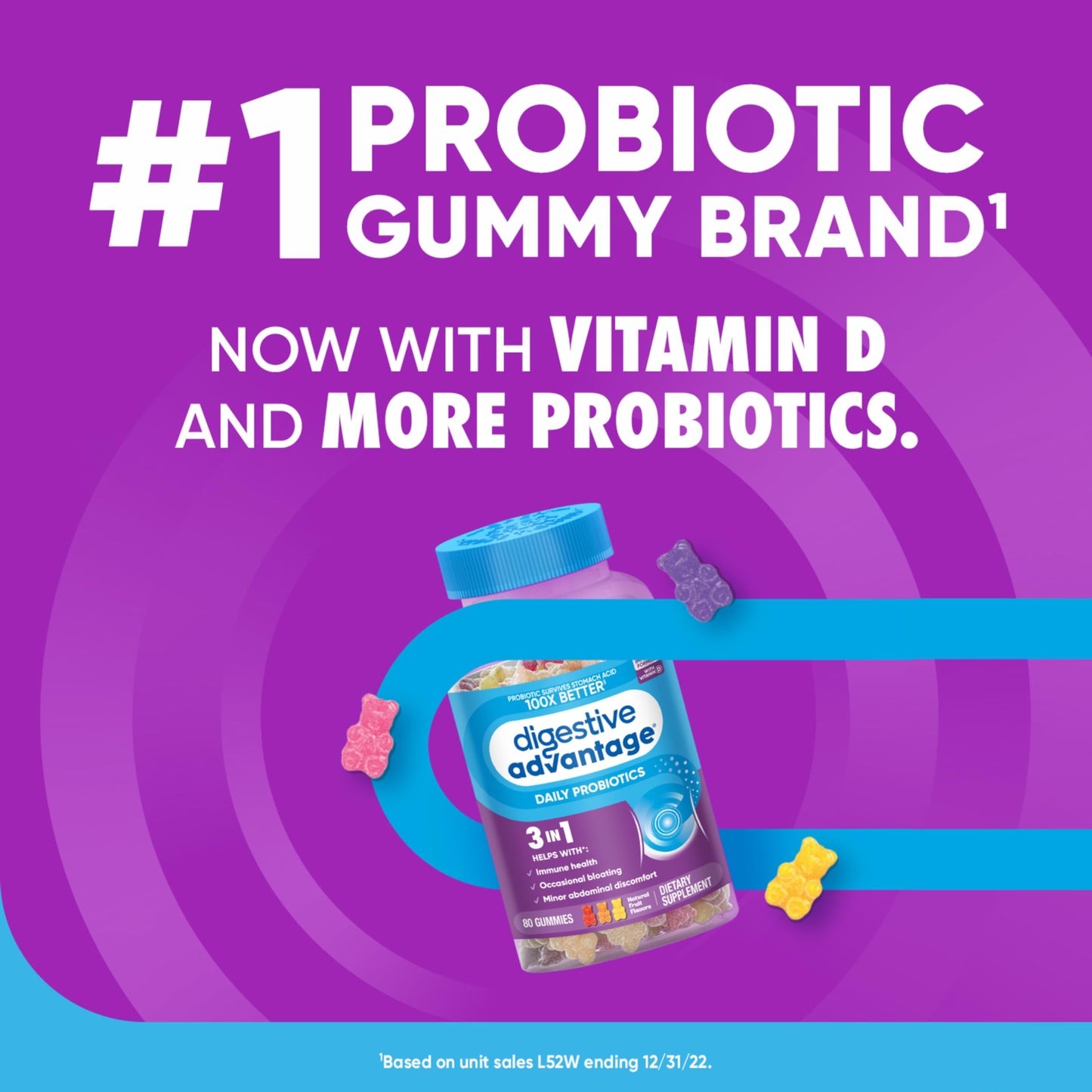 Assorted natural fruit flavored chewable probiotic gummies displayed outside the container.