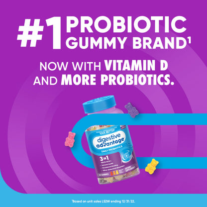 Assorted natural fruit flavored chewable probiotic gummies displayed outside the container.