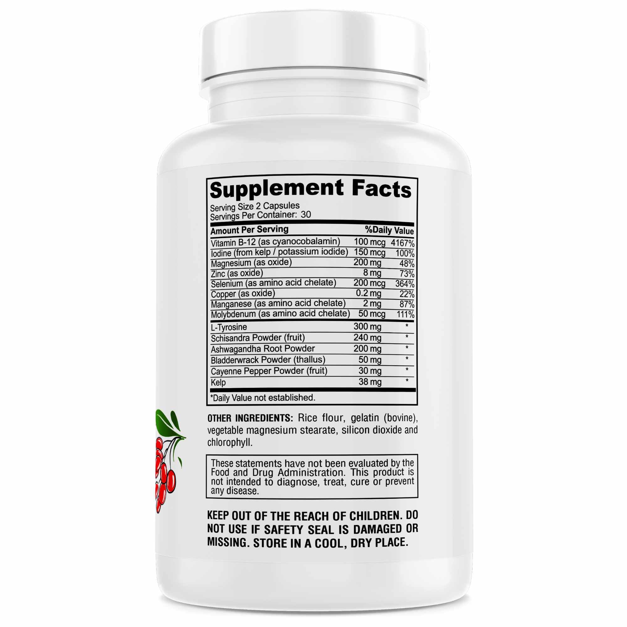 Genius Herbals dietary supplement packaging highlighting non-GMO thyroid support ingredients.
