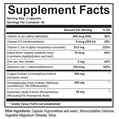 Natural ashwagandha and guggul extract thyroid biosynthesis dietary supplement.
