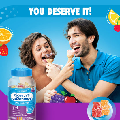 A lifestyle image displaying the fruit flavored digestive health gummies alongside raw ingredients.