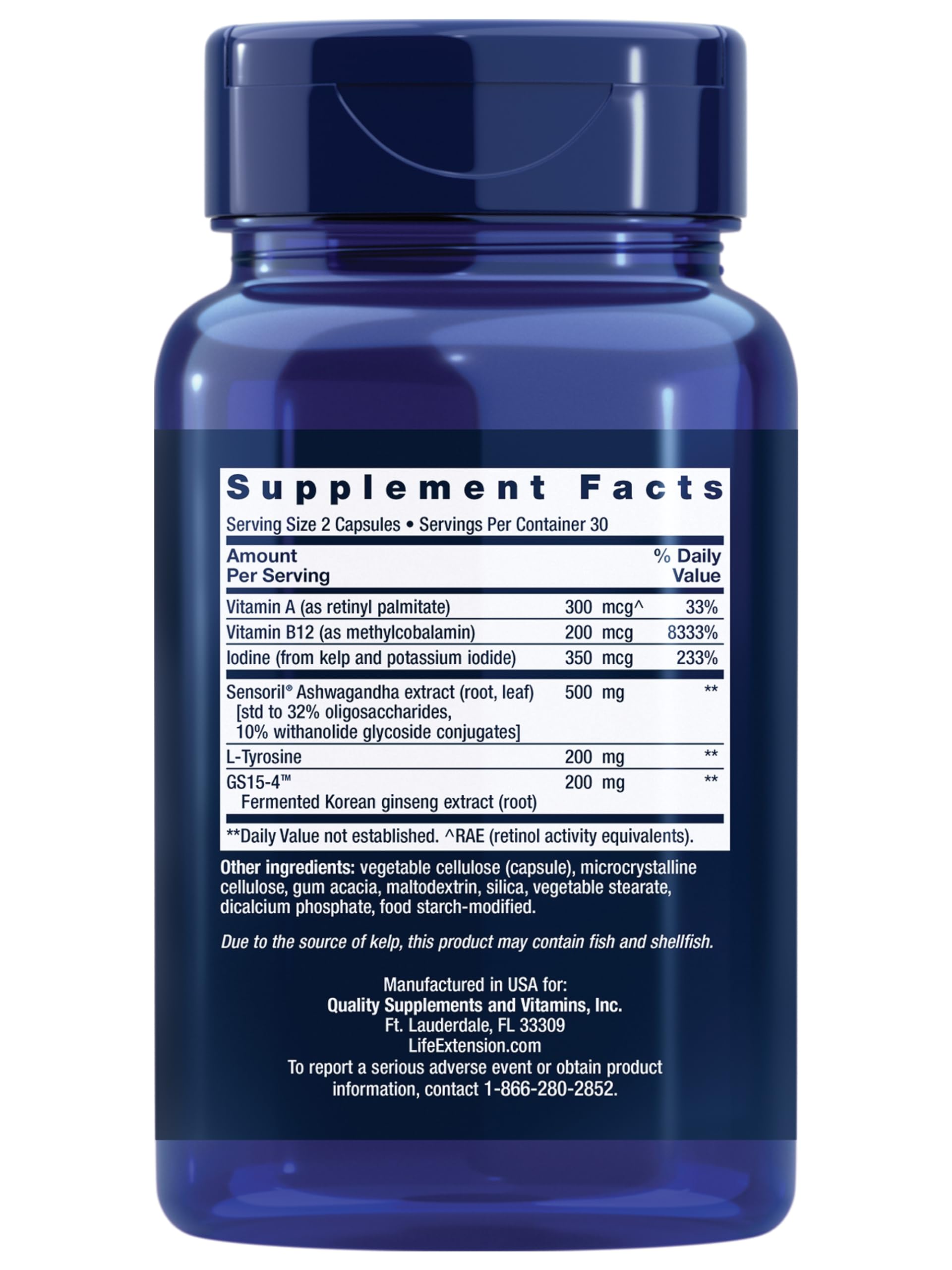 Life Extension Thyroid Support supplement label showing iodine and ashwagandha ingredients
