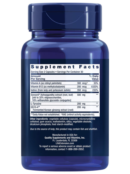 Life Extension Thyroid Support supplement label showing iodine and ashwagandha ingredients