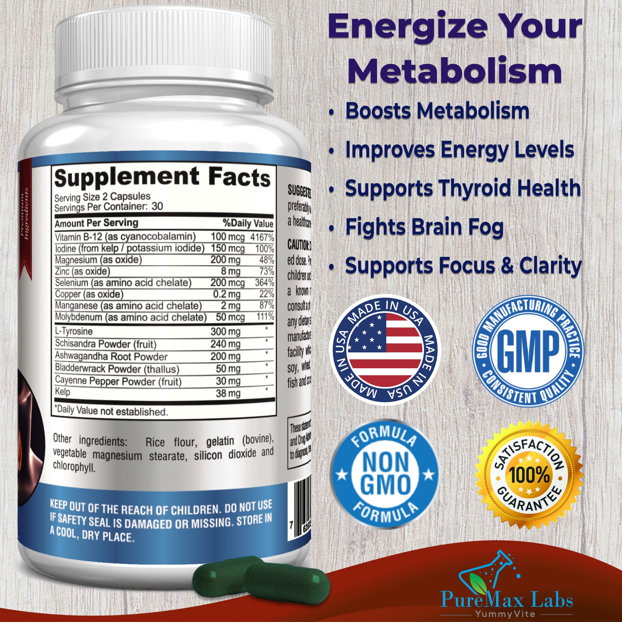 Side view of Yummyvite Thyroid Support dietary supplement showing the 14 active ingredients label.