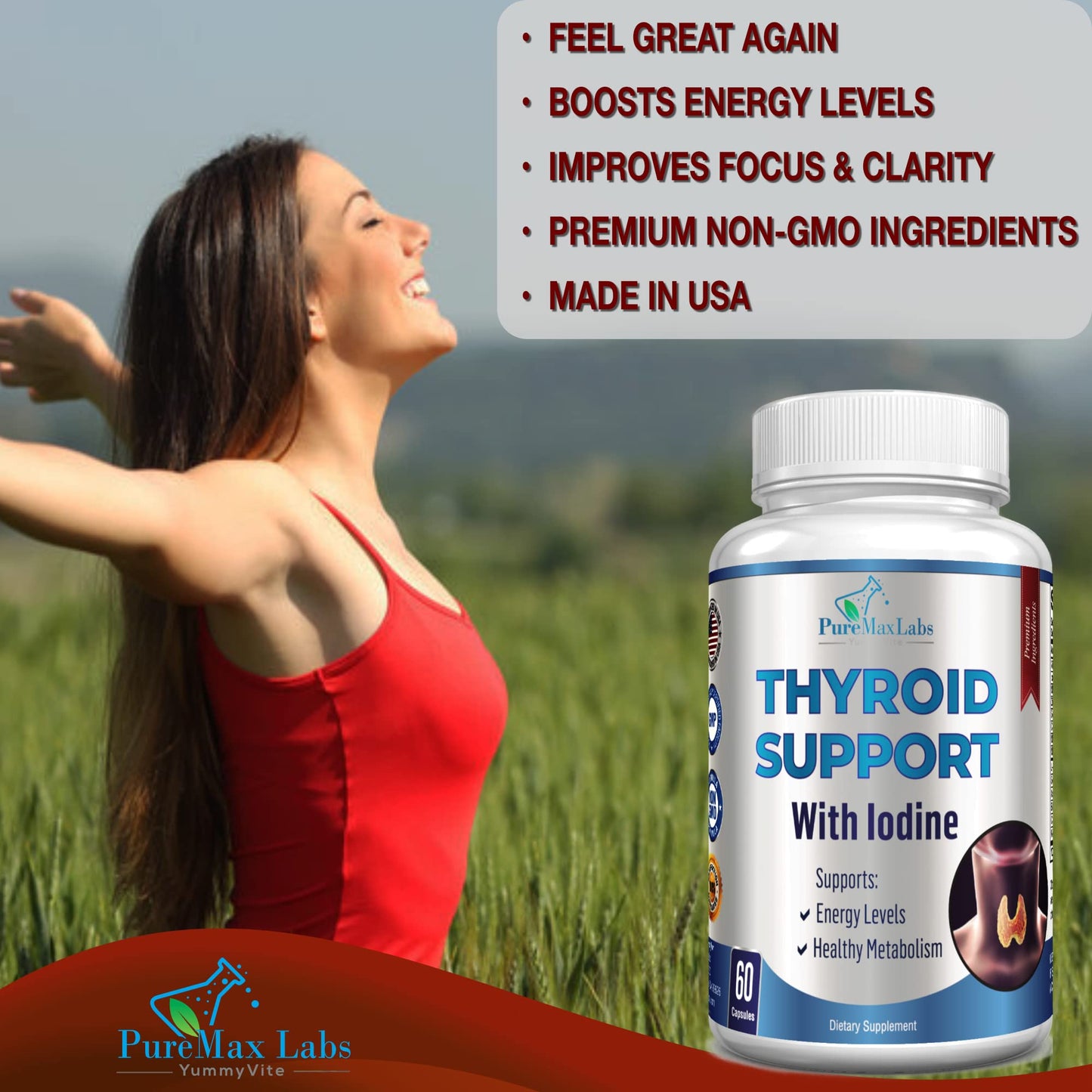 Back label of premium USA imported thyroid supplement with iodine and ashwagandha dosage instructions.