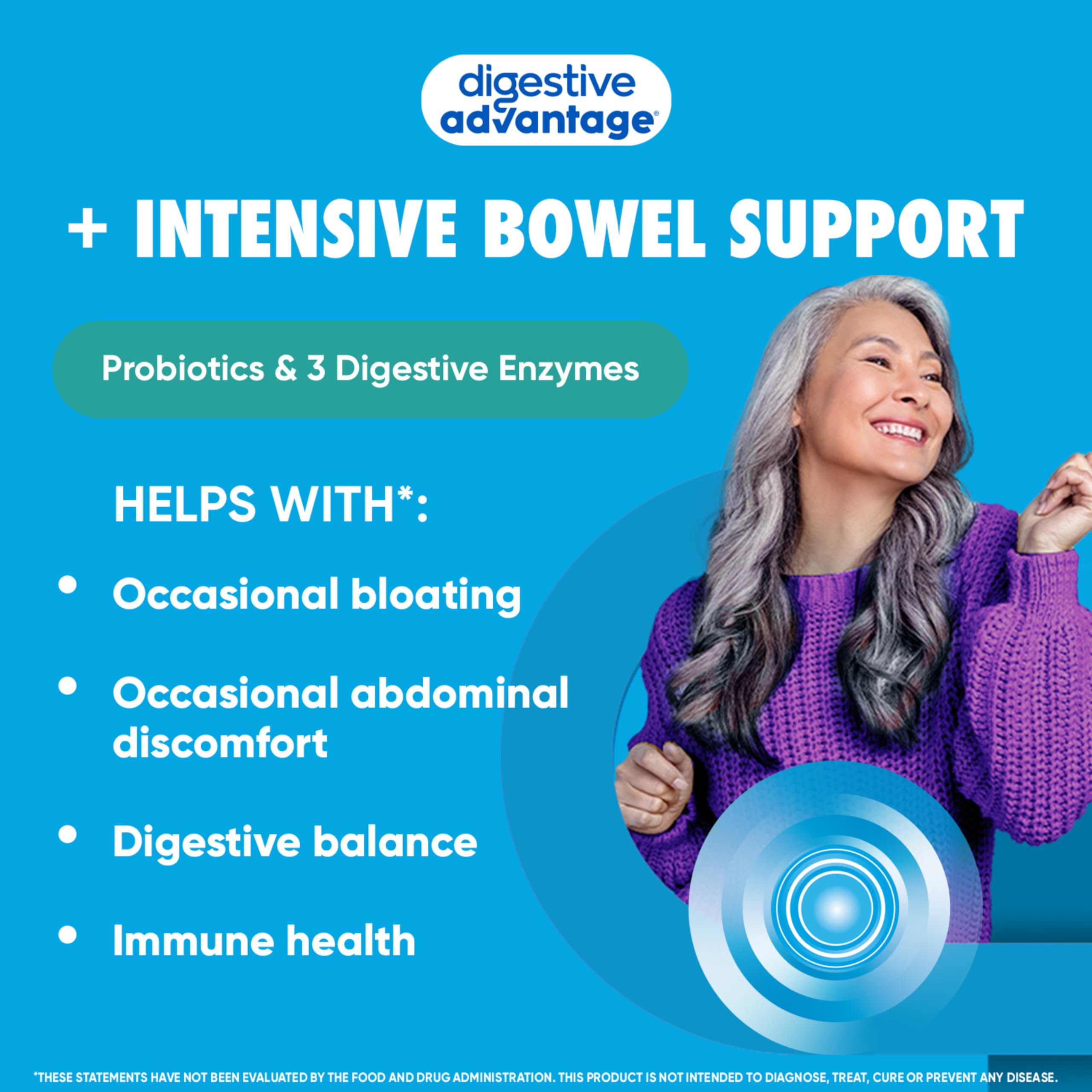 Digestive Advantage IBS probiotics box displaying supplement facts and usage instructions.