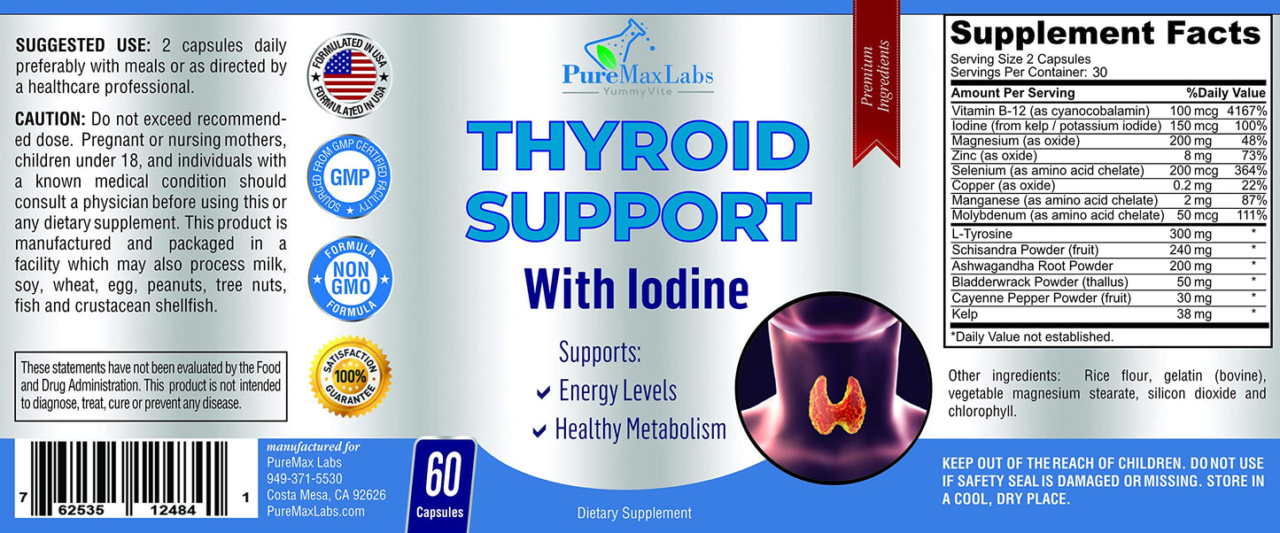 Close up of thyroid health supplement for energy and focus with potassium iodide and zinc ingredients.