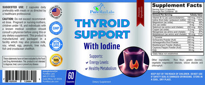 Close up of thyroid health supplement for energy and focus with potassium iodide and zinc ingredients.