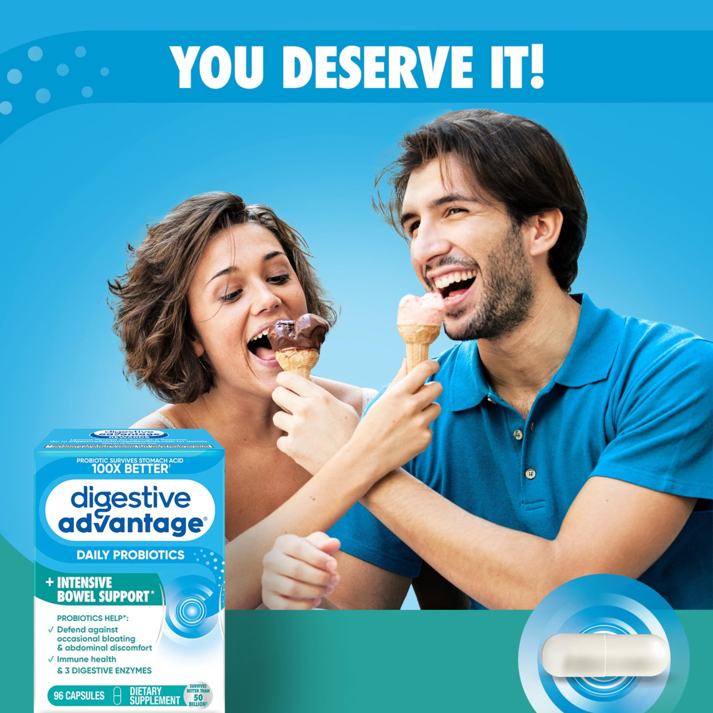 Digestive Advantage intestinal bowel support container highlighting the BC30 probiotic strain.