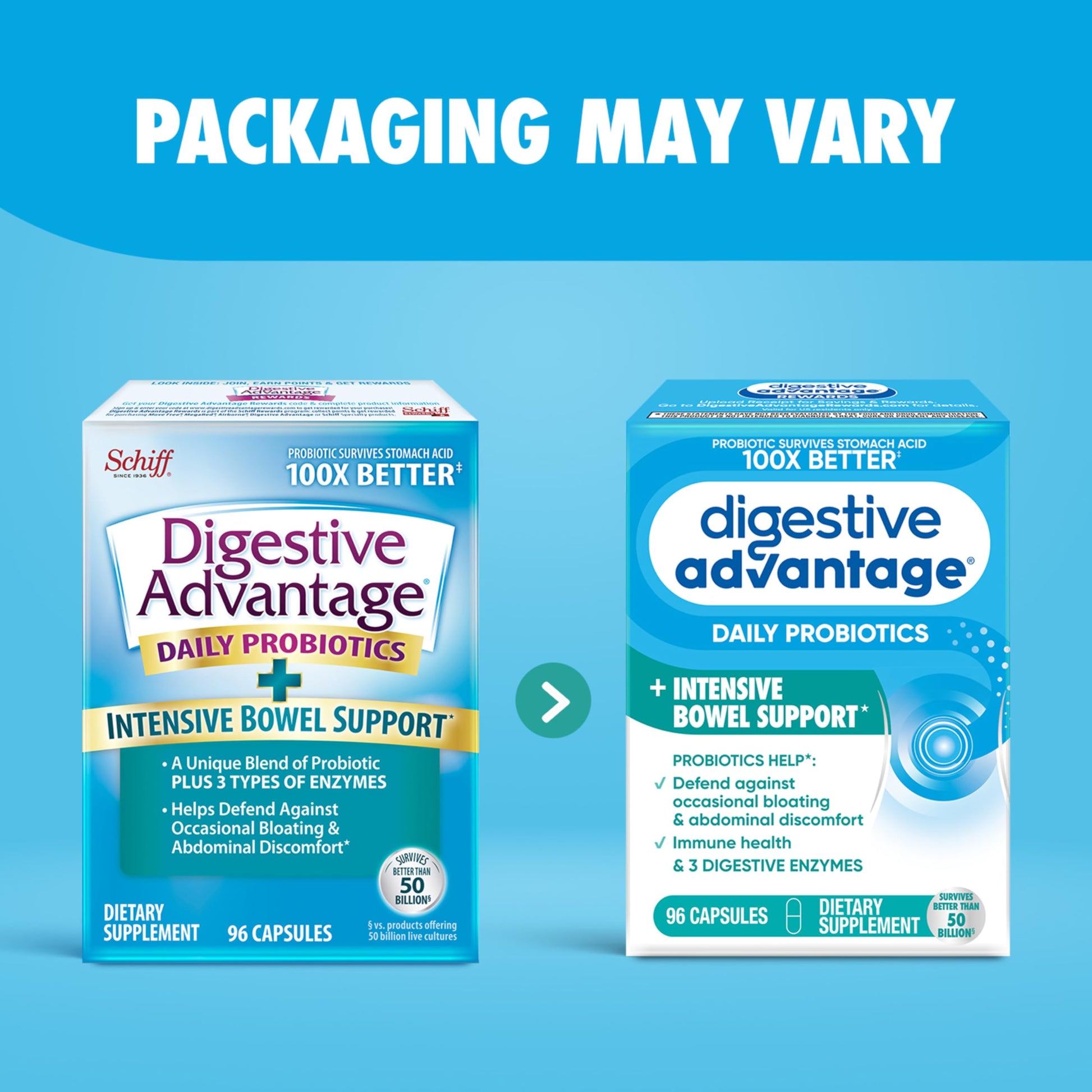 Close up of genuine USA imported Digestive Advantage capsules box for digestive health.