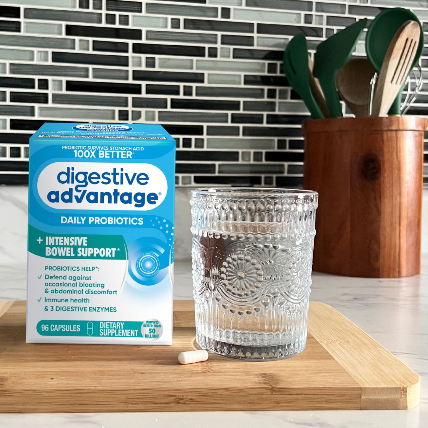 Back label of Digestive Advantage daily probiotic capsules detailing the three digestive enzymes.