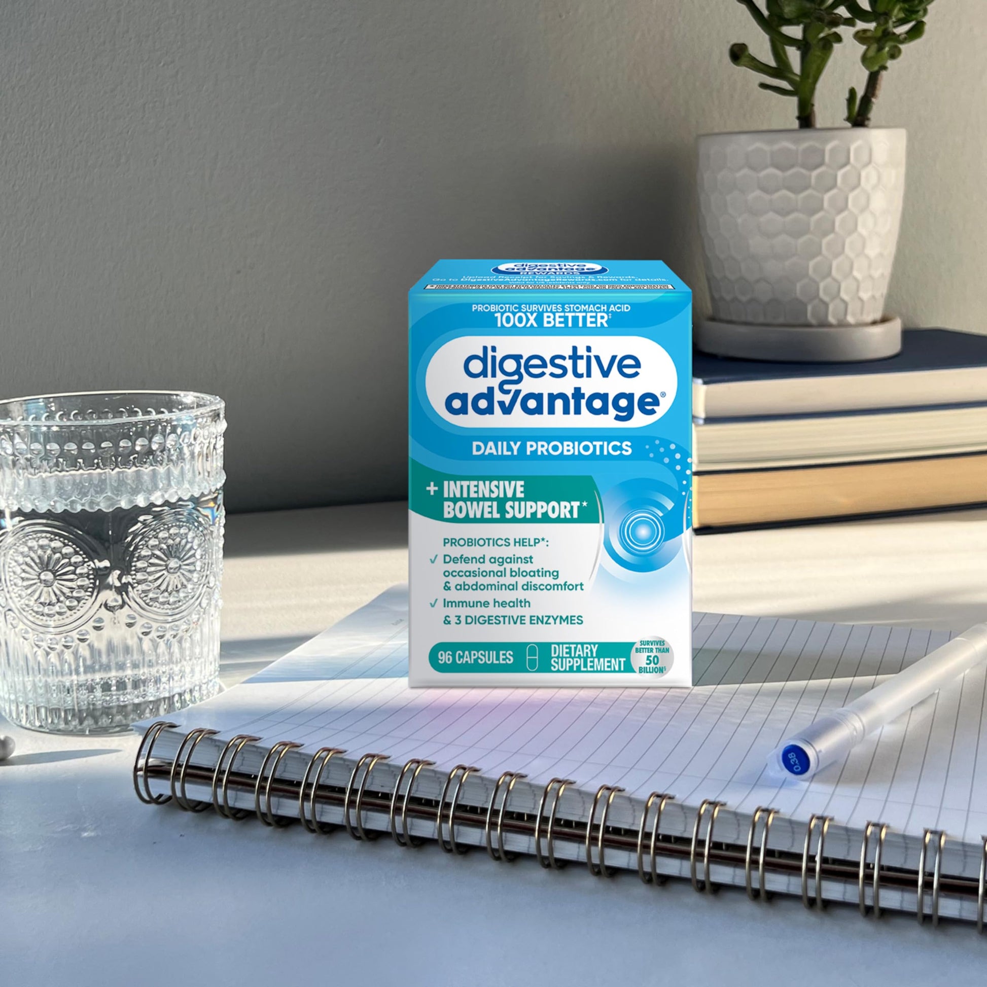 Digestive Advantage IBS support packaging indicating relief from occasional bloating and gas.