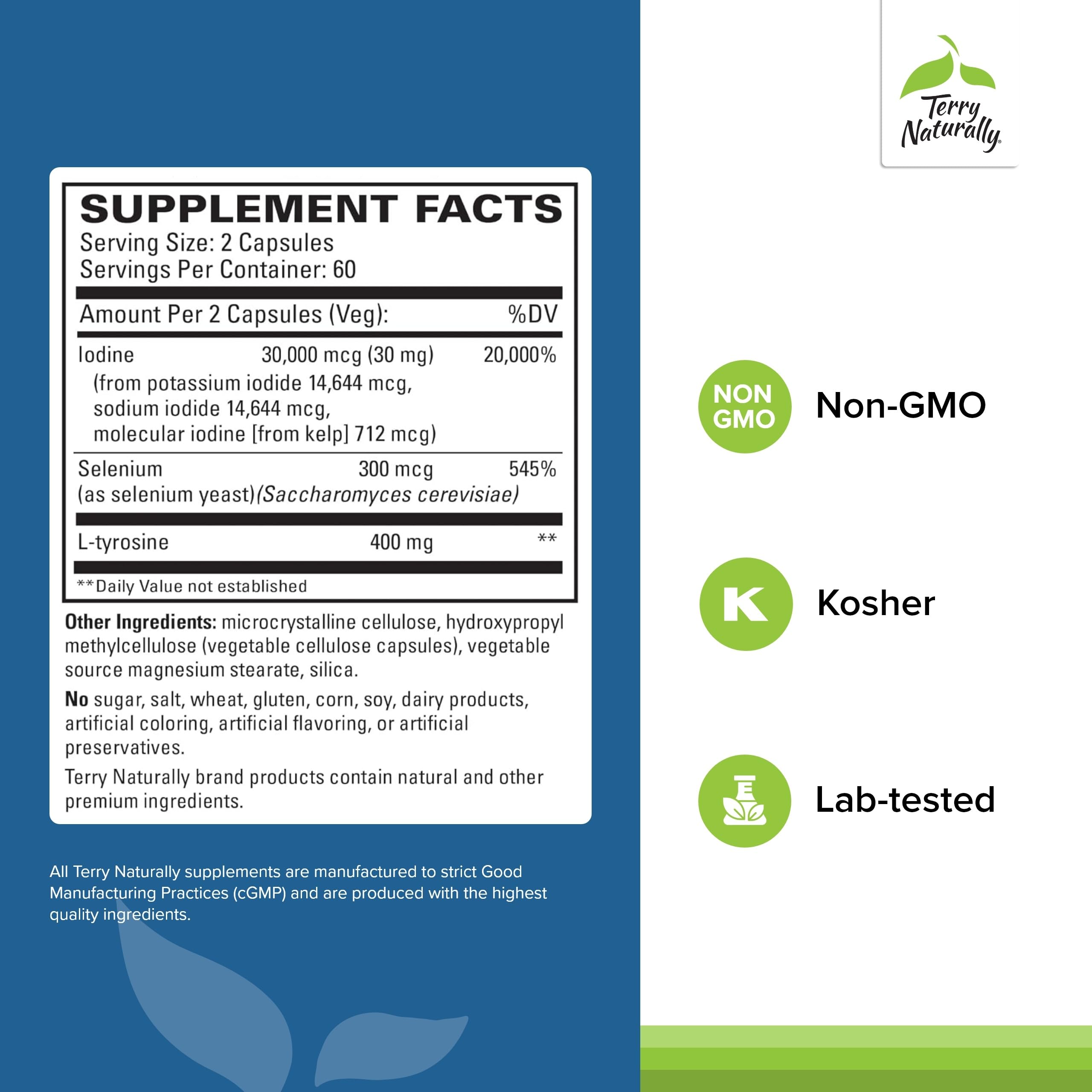 Terry Naturally Thyroid Support supplement back label displaying nutritional facts including 30000 mcg iodine and selenium