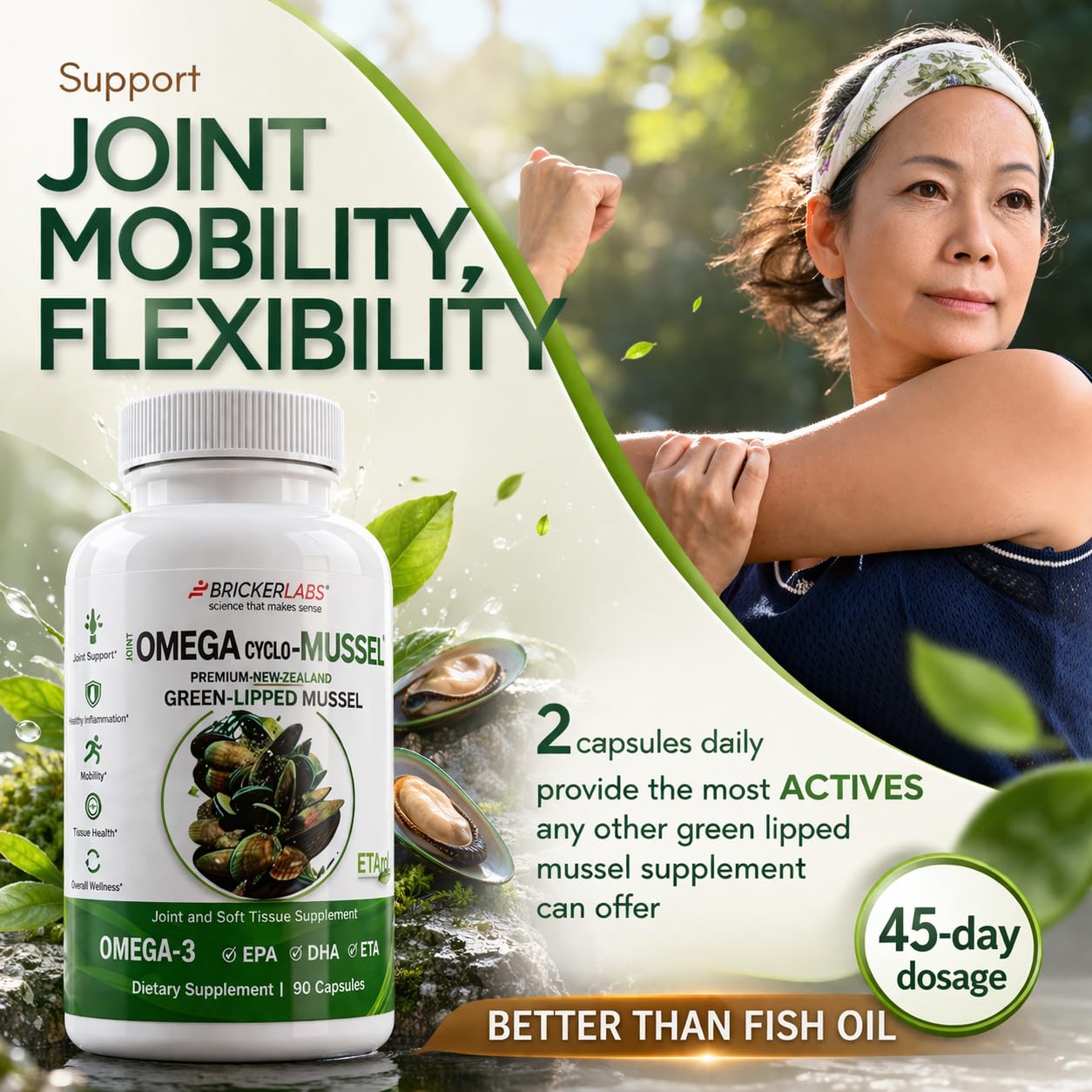 Close up of New Zealand Green Lipped Mussel supplement branding