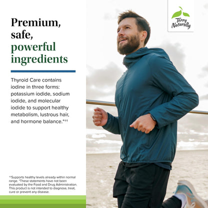 Close up of the high potency iodine and L tyrosine thyroid supplement bottle on a clean background