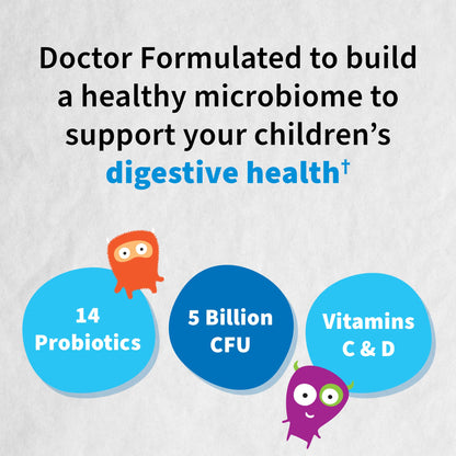 Back label of Garden of Life kids probiotic showing 5 billion CFU and 14 strain composition