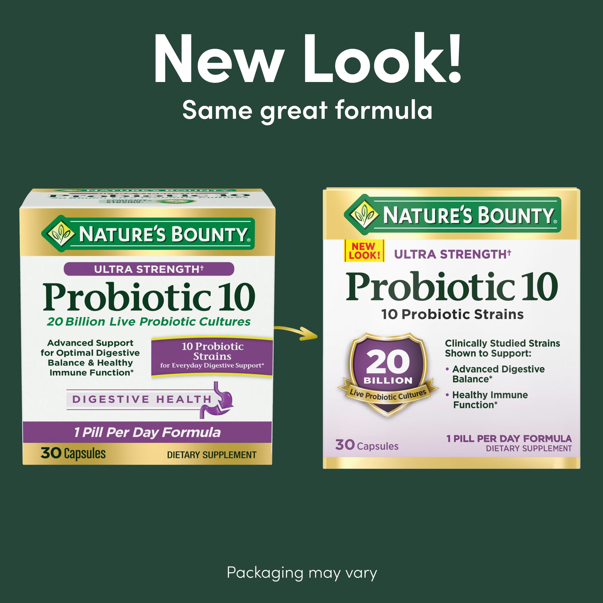 Nature's Bounty Probiotic 10 side panel showing twenty billion live cultures and ingredient details