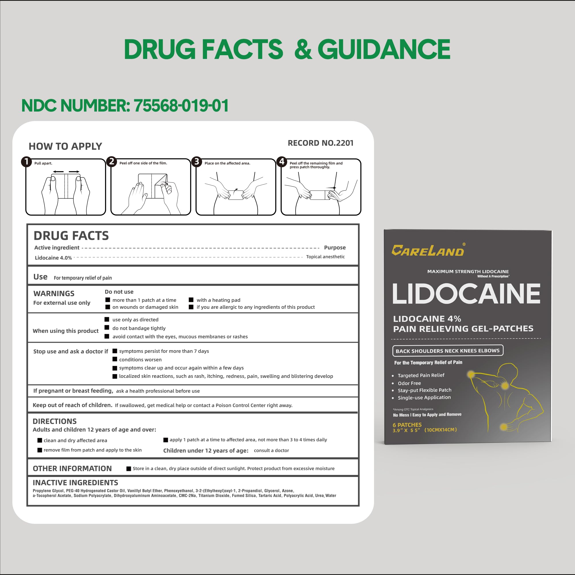 Careland 36 count lidocaine patches for back and joint pain relief