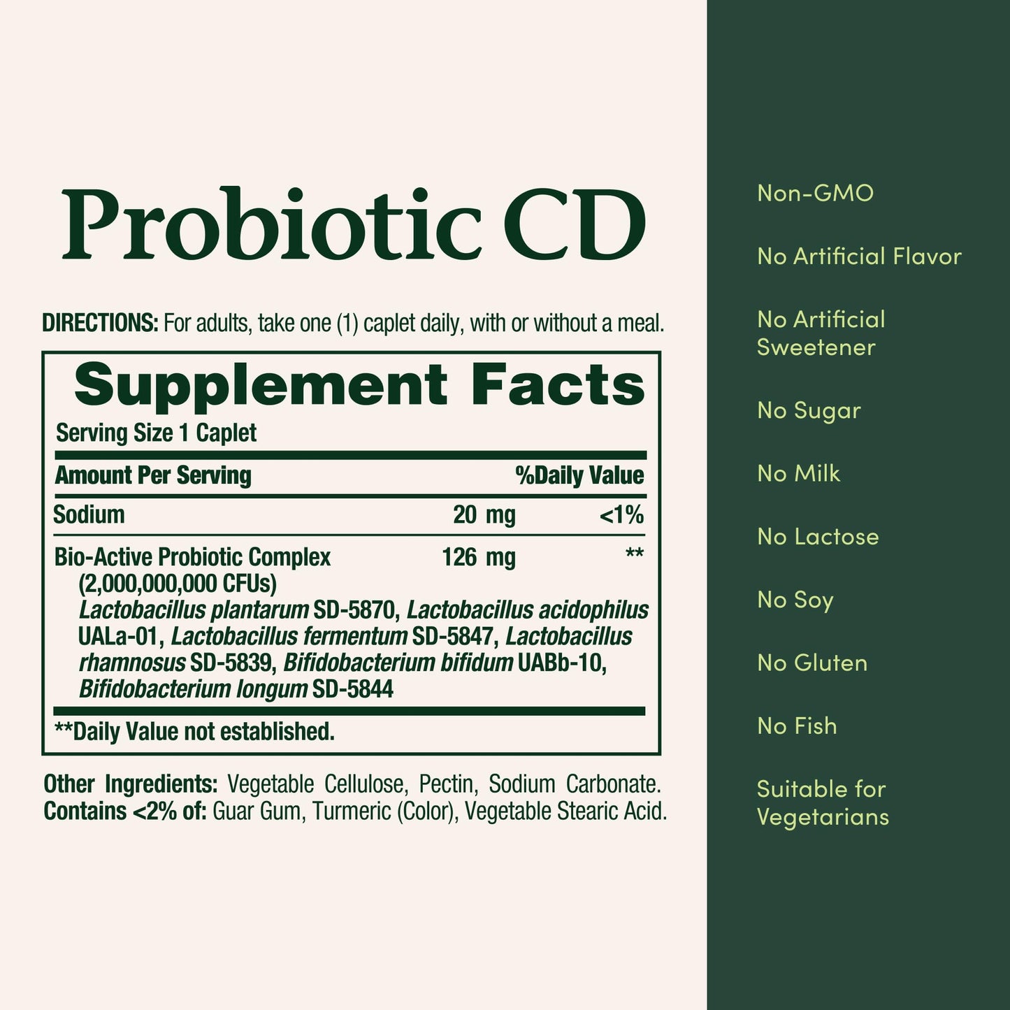 One per day formula directions and manufacturing details on Nature's Bounty Probiotic 10 bottle