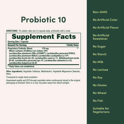 Nature's Bounty gut health supplement bottle highlighting the vegetarian friendly and gluten free claims