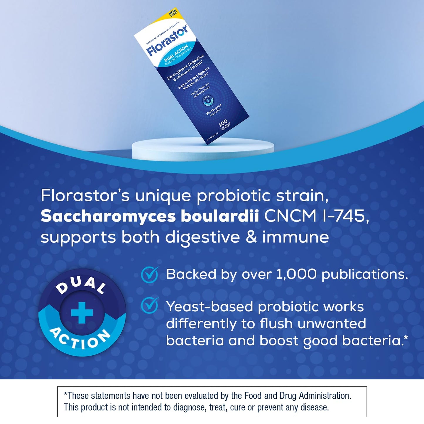 Side view of Florastor daily probiotic bottle detailing adult usage directions and digestive benefits