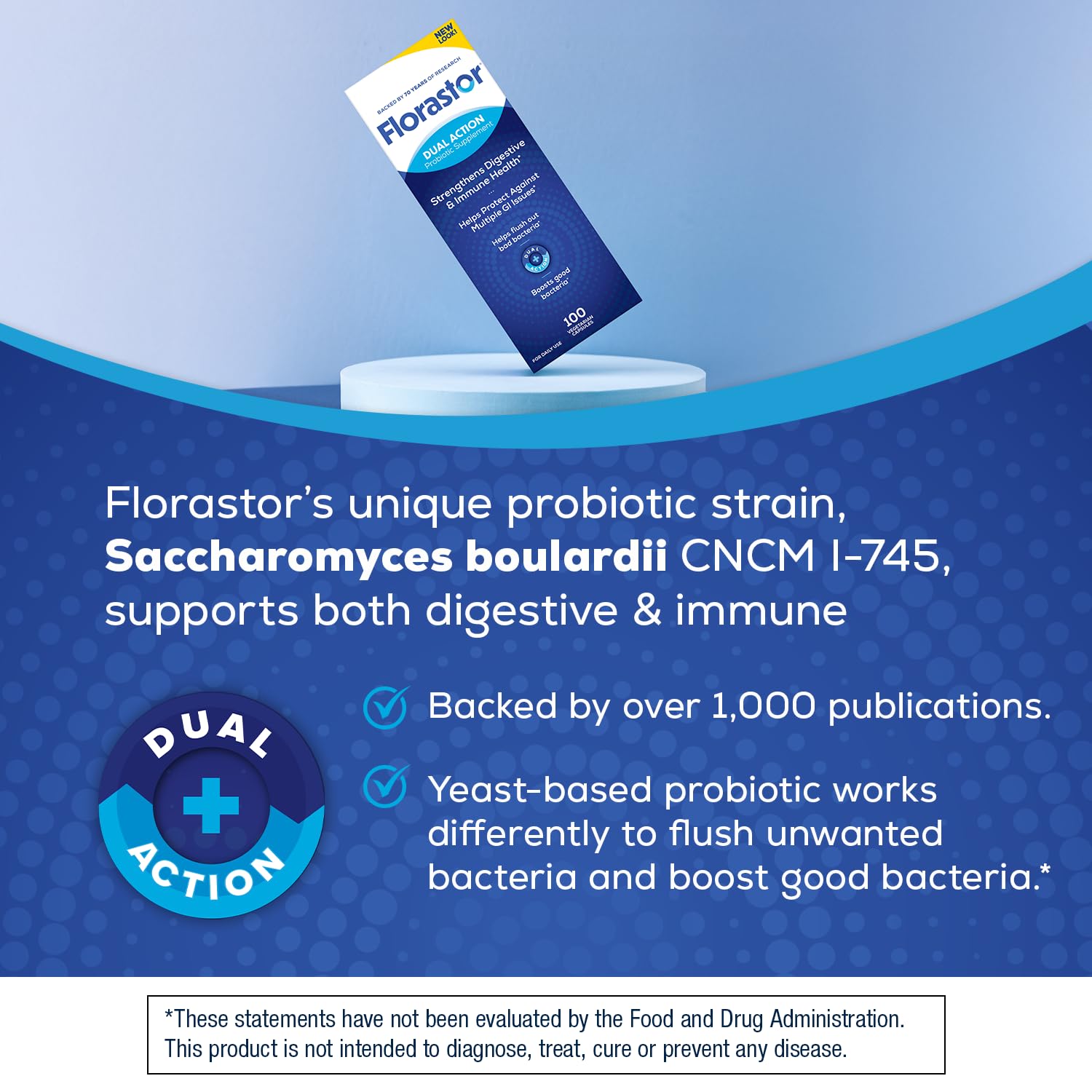 Side view of Florastor daily probiotic bottle detailing adult usage directions and digestive benefits