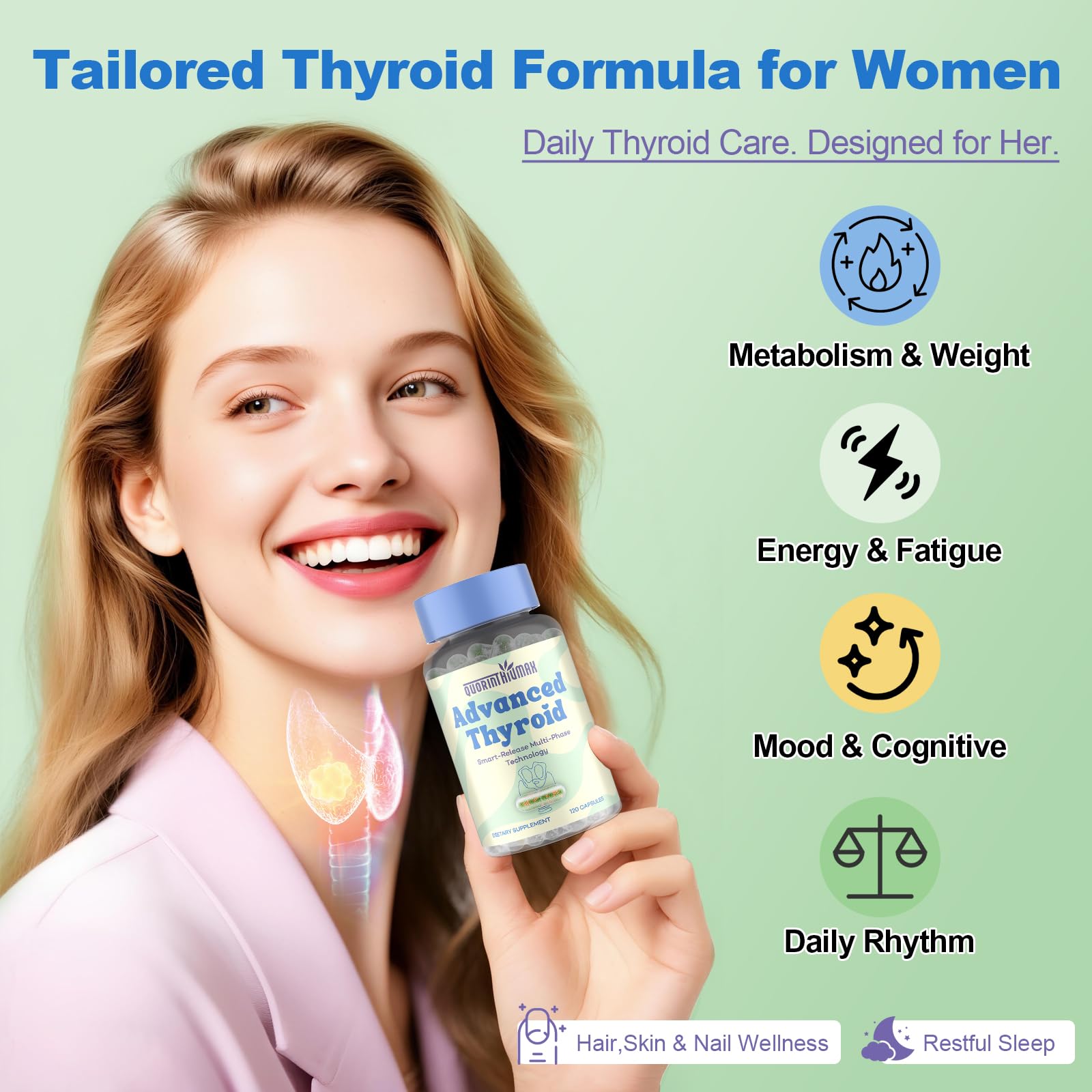 Side view of Quorinthiumax daily health supplement bottle highlighting premium dietary support for women.