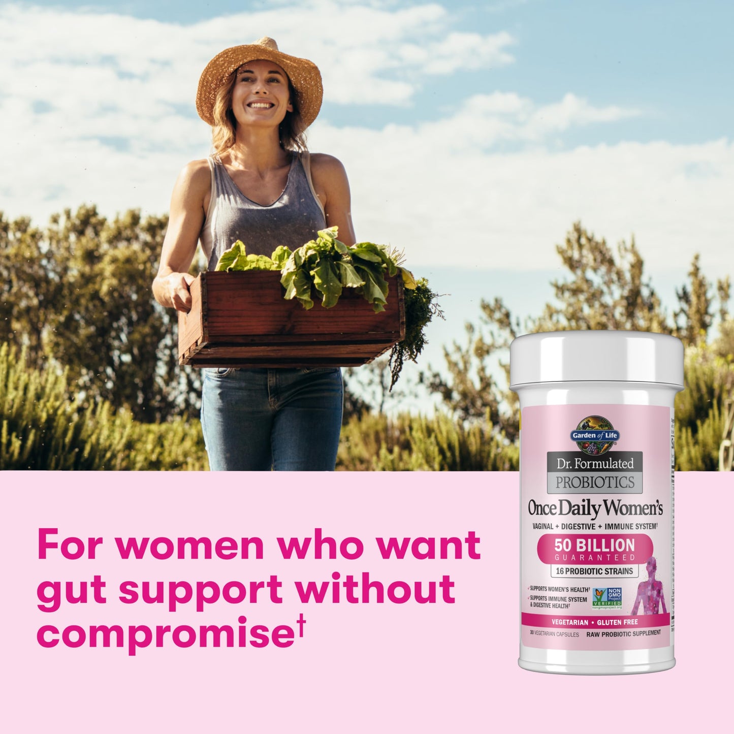 Garden of Life women probiotic capsules displayed next to the authentic imported product bottle container.